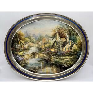 Nicky Boehme Cottage Scene Oval Serving Tray Metal Vintage Thomas Kinkade-style